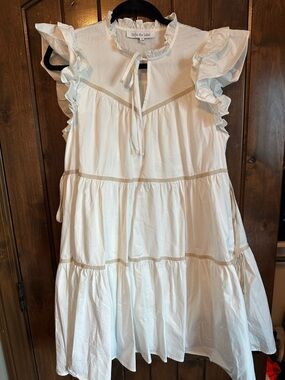 Sofie the Label White Ruffle-Tier Casual Dress with Tie Neck